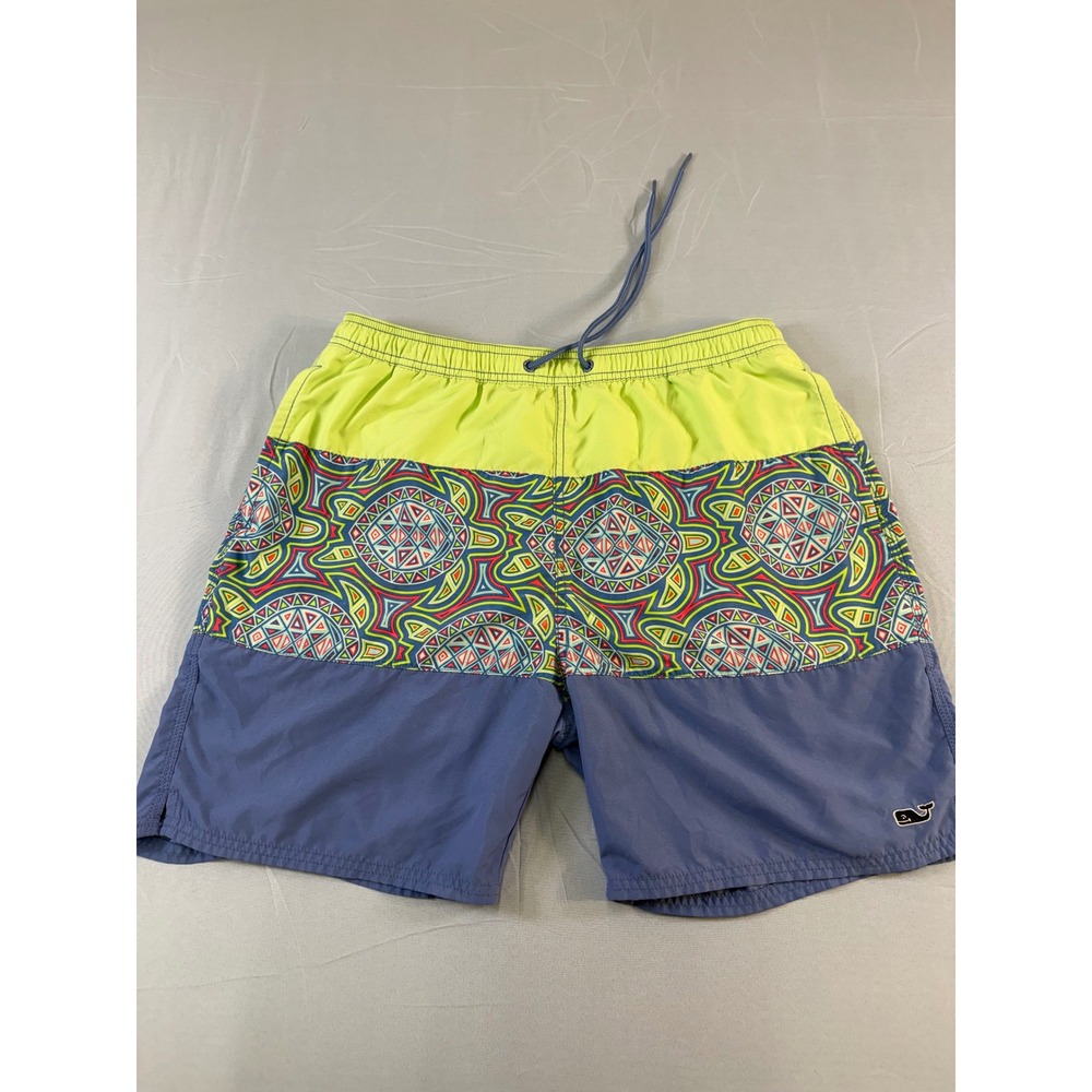 Vineyard Vines Mens Large Swim Trunks Blue Lime Green Geometric Turtle Print‎ L